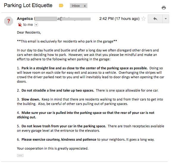 Parking Lot Etiquette Email